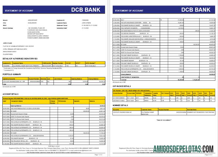 Extrato bancário DCB da Índia para impressão, modelo Word e PDF, 2 páginas